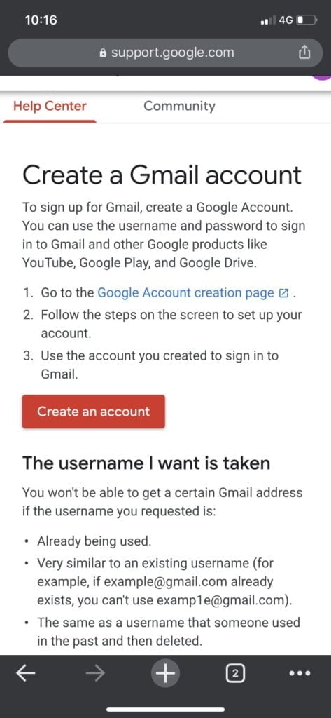 create gmail page