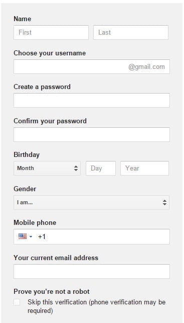 gmail signup form